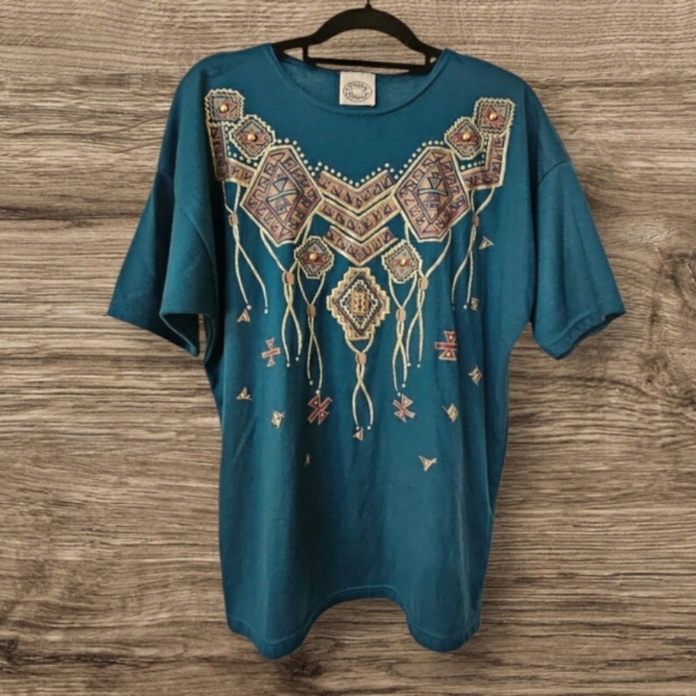 RARE Vintage Sassy Sport Turquoise/Blue Western Aztec Embroidered Top Tan & Gold